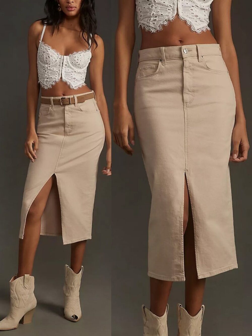 Paige Angela Midi Skirt in Soft Beige Size 26 Neutral Stretch Soft Denim $259